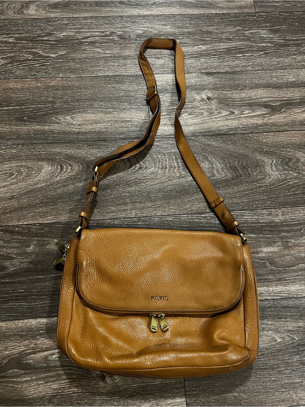 Fossil Preston Flap Cognac Tan Pebbled Leather Crossbody Bag Vintage Y2K
